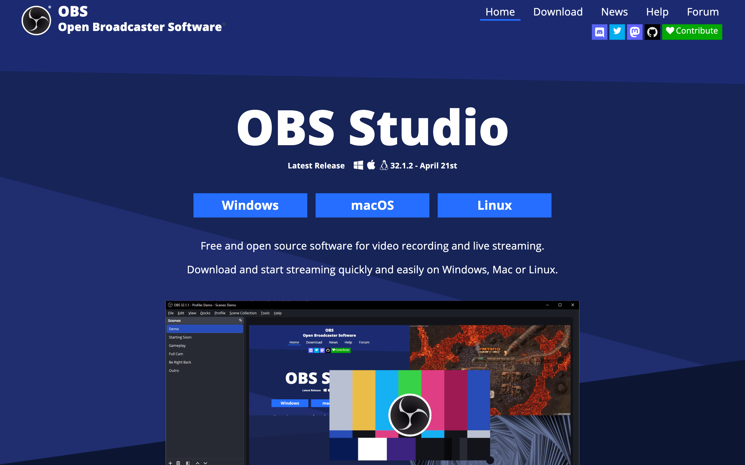 OBS 공식 사이트 메인 — Studio 다운로드 + UI 미리보기