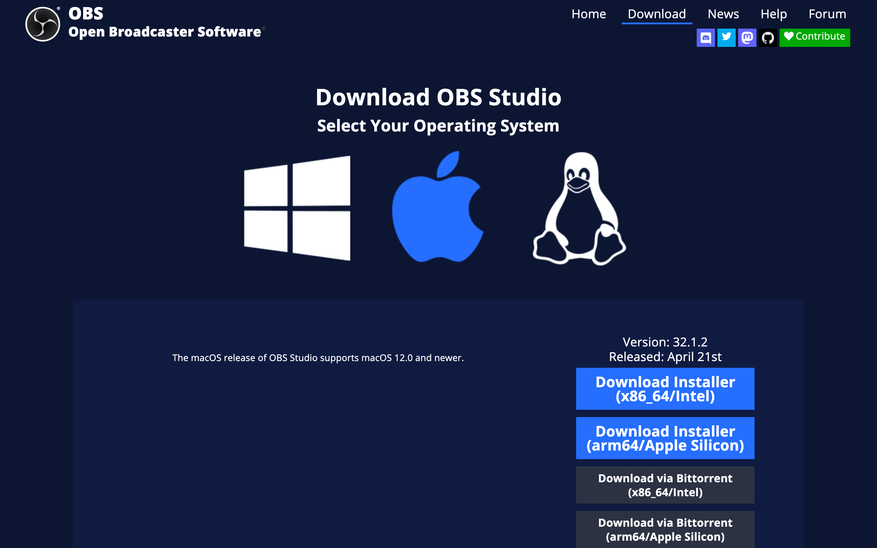 OBS 다운로드 페이지 — Mac은 Intel/Apple Silicon 두 개